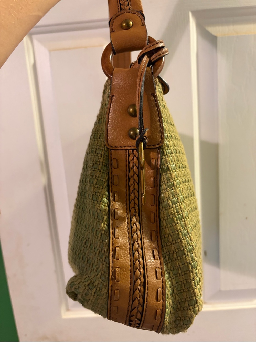 Fossil Green Woven Shoulder Bag with Tan Trim - Picture 3 of 6